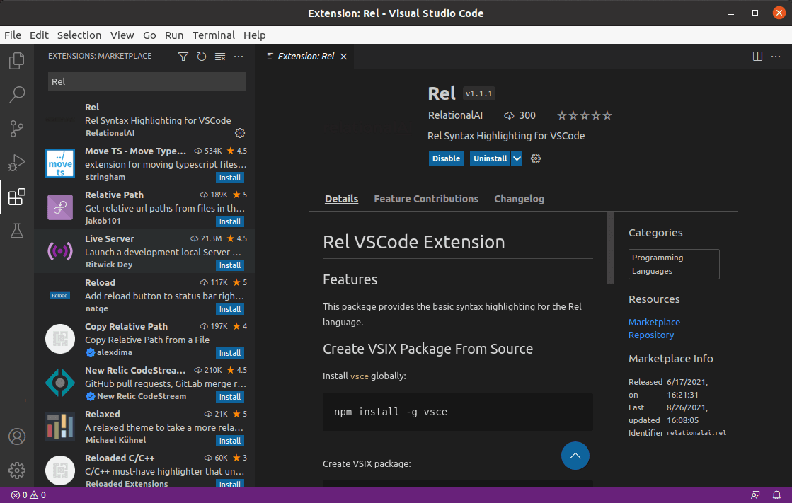 Rel extension for VSCode installed